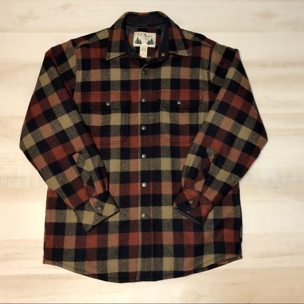 L.L. Bean Insulated Wool Plaid Flannel Shirt Jacket snap front w/pockets size M